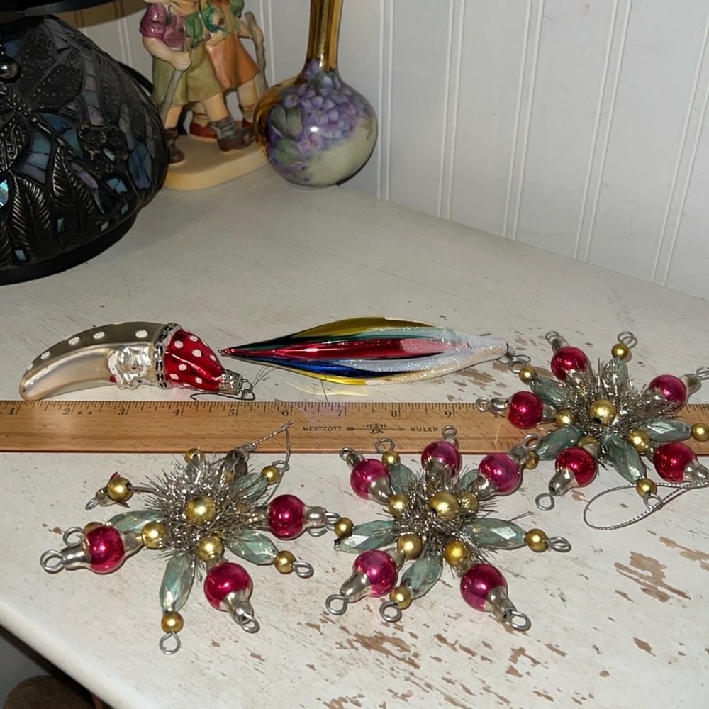 Lot Antique Mercury glass beaded Christmas ornaments santa stars Czech Republic